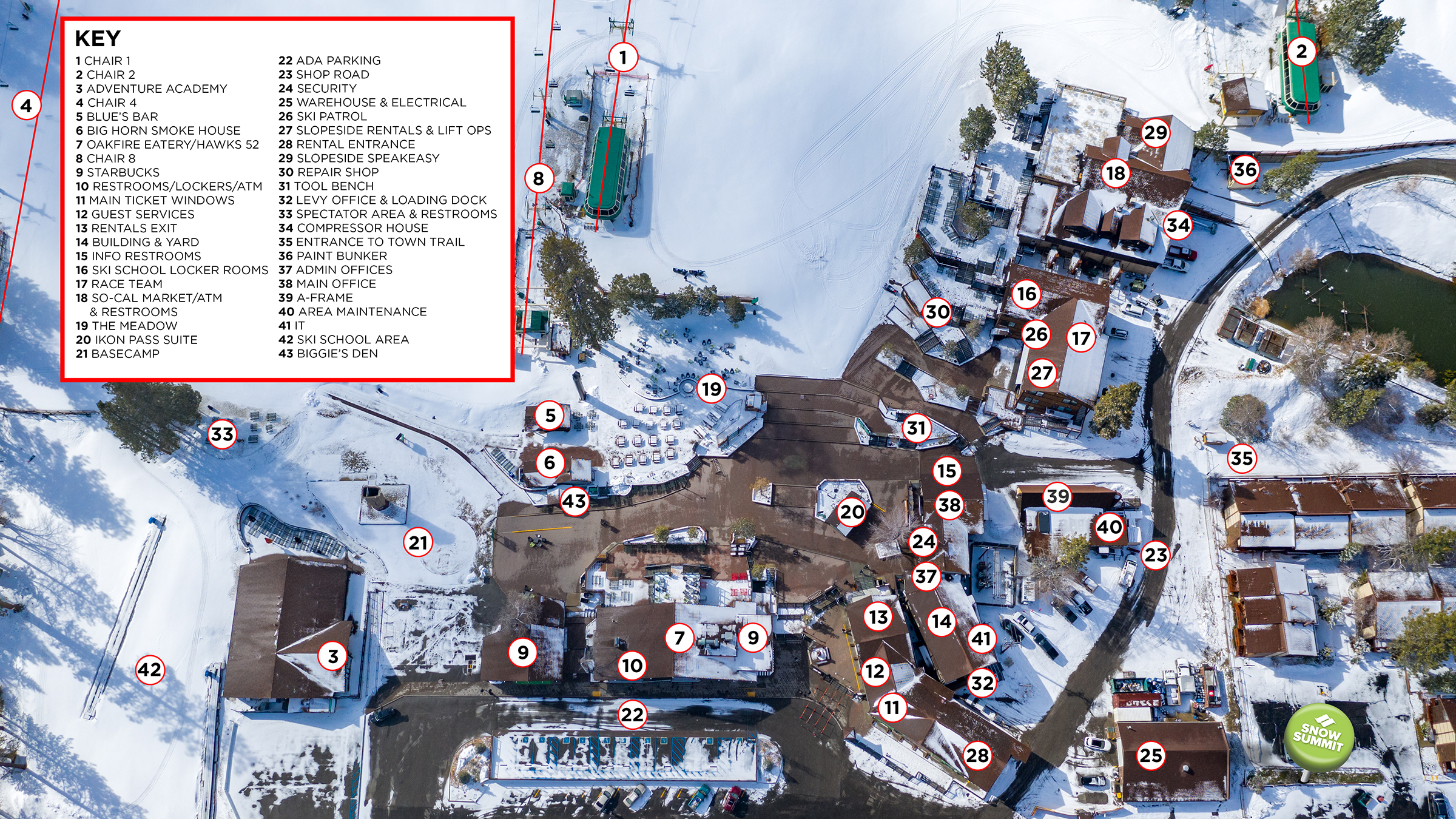 winter base area map of snow summit ski and snowboard resort
